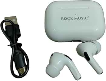 Rock Music Wireless Earbuds, White, with Charging Case and USB Cable