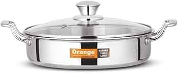 Orange Stainless Steel Triply Cook & Serve Fry Pan/Saute Pan/Kadai/Flat Pan 2.5 litres with Glass lid and Handles| 2.5mm Thickness, 24cm Diameter | Induction cooktop Friendly | (2.5L, Steel)