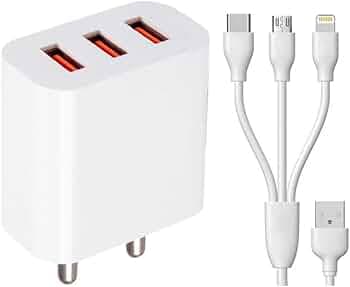 48W Mobile Charger for Archos Oxygen 63 Triple Port High Speed Turbo Charge Smart QC 3.0 with 1.2m 3-in-1 Multi Cable Micro USB Android iOS Type-C USB Cable (White, SE.AJ)