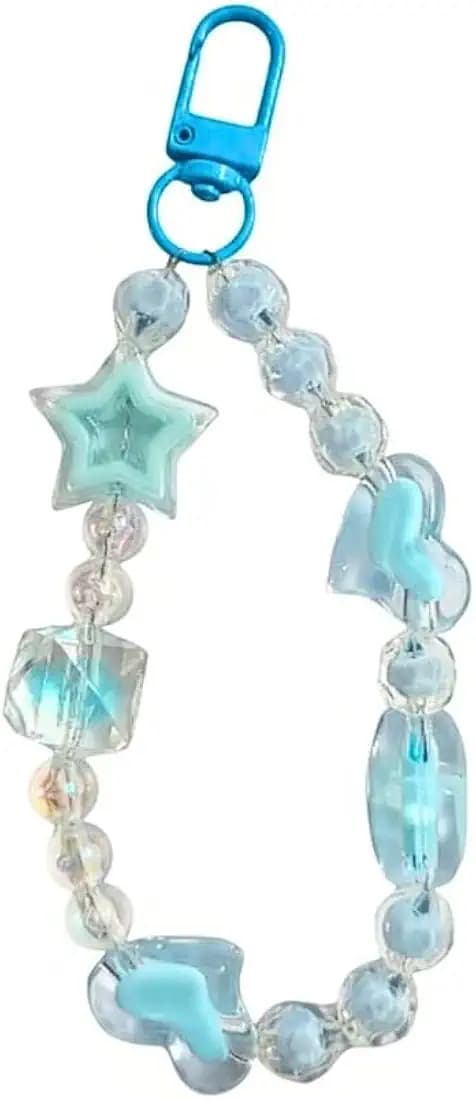 Blue color Beaded Phone Charm Strap with Star Pendant, Cute Mobile Charm Wrist Strap for Smartphones, Bags and Keys