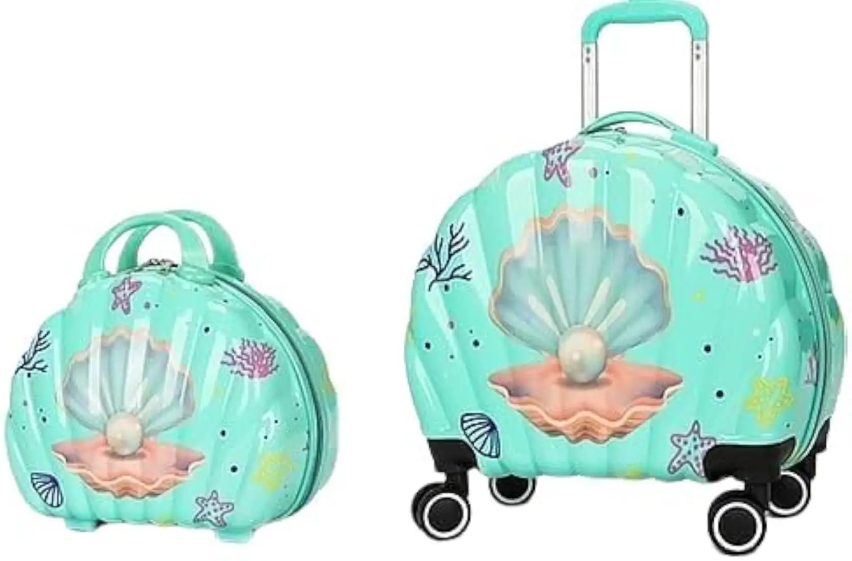 Shell Design Trolley Bag with Vanity Bag for Teens Suitcase Large Capacity and Universal Wheels Lightweight Travel Luggage (Sea Green)