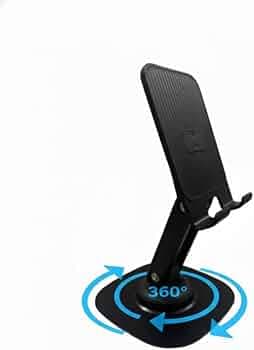 360° Rotating Mobile Stand – Heavy-Duty Metallic Round Base Desktop Holder, Height & Angle Adjustable, Anti-skid,Foldable Tablet Stand Compatible with iPhone, iPad, Kindle & Smartphones (Black)