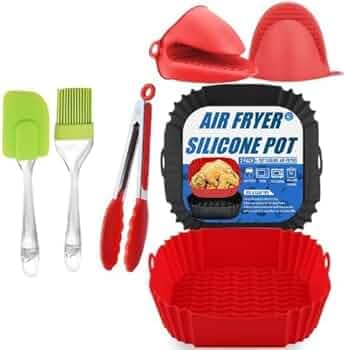 3 Air Fryer Silicone Liners & 3 Air Fryer Accessories - 7.87 inch (3-5 Qt+) Food Grade Reusable Silicone Baskets/Pots/Liners with Oven Mitts, Basting Brush and Tongs Multi Color (P2 WITH SQ)