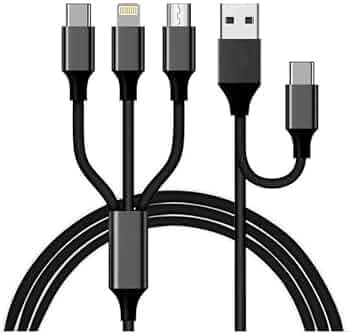 3 in 1 original cable for Vivo Y72 5G Charger Cable Fast Charging USB Type C, Lightning, Micro USB, 480Mbps type c wire, Quick Charge 3A (5in1- BLACK)