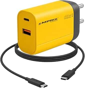 Premium 45W GaN (USB & Type-C) Dual Port Super Fast Charger, Power Delivery 3.0 & USB-A Fast Charging Adaptor with Type-C to C Cable for iPhone, Android & Other Type C Enabled Devices (Yellow)