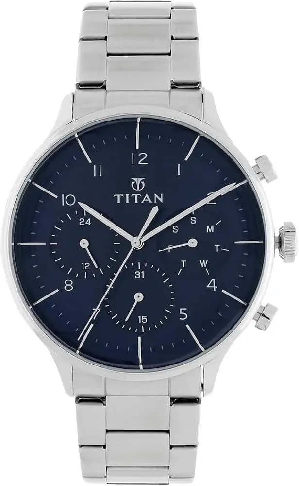 Titan On Trend Quartz Multifunction Midnight Blue Dial Silver Stainless Steel Strap Watch for Men - NT90102SM01