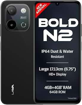 Lava Bold N2 (Indus Black, 4 GB RAM, 64 GB Storage) | 13MP AI Dual Rear Camera | Largest 6.75" HD+ Display | 5000 mAh Battery & 10W Charging | IP64 Water & Dust Proof | Charger & Phone-Case in Box