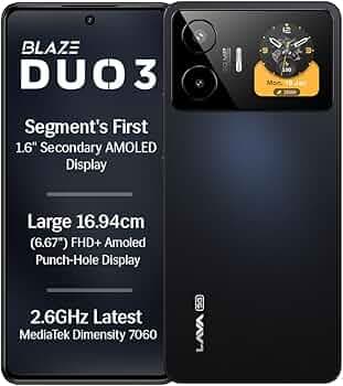 Lava Blaze Duo 3 5G (Moonlight Black, 6GB RAM, 128GB Storage) | MTK D7060 Processor | 6.67" FHD+ AMOLED Display | 50MP AI Camera with 2K Video Recording | Dual Screen AMOLED Display