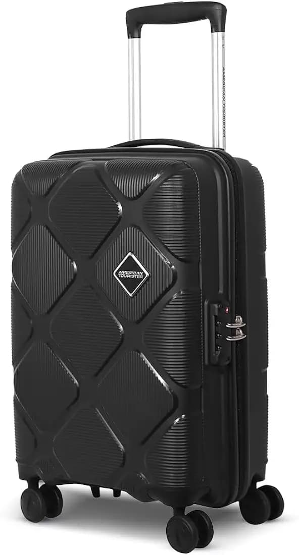 American Tourister Instavibe 55 CM Trolley Bag for Travel Small Polypropelene Suitcase with Mounted TSA Lock, Double Wheels, Flexi Packing Straps, and Side Hooks for Men & Women - Black