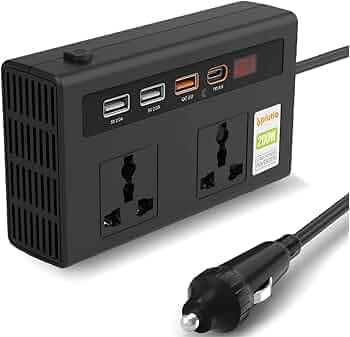 200W Car Power Inverter, Car Laptop Charger with 2 AC Outlets (220V), 3 USB-A & 1 USB-C PD 18W Fast Charging Ports, 12V DC to 220V AC Adapter for Laptops, Phones & Tablets – Black Body