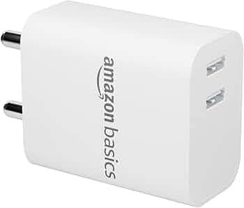 Amazon Basics 12W Dual Port Mobile Charger | 12W Max Output | Includes 1 m Type C Cable | Universal Compatibility