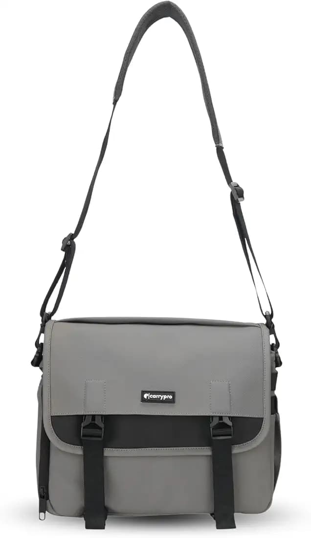 CarryPro Shockproof Camera Bag for DSLR/SLR - Water-Resistant Camera Sling Bag with Padded Compartment for Drone & Tripod, Multiple Pockets & Quick Release Buckles, 10L fits 14inch Laptop, Grey