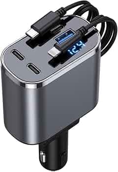 100W Fast Car Charger Retractable, 4-in-1 USB C Car Charger Adapter with Lightning & Type C Retractable Cables, Digital Voltage Display, 2 Additional Ports