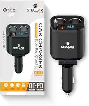 Stellar Drive XC-17 4-in-1 Car Charger Fast Charging, USB C PD 30W + QC 3.0 Dual 12V Socket Splitter, Retractable Cable & Swivel Head Car Phone Charger for iPhone Android – Matte Black