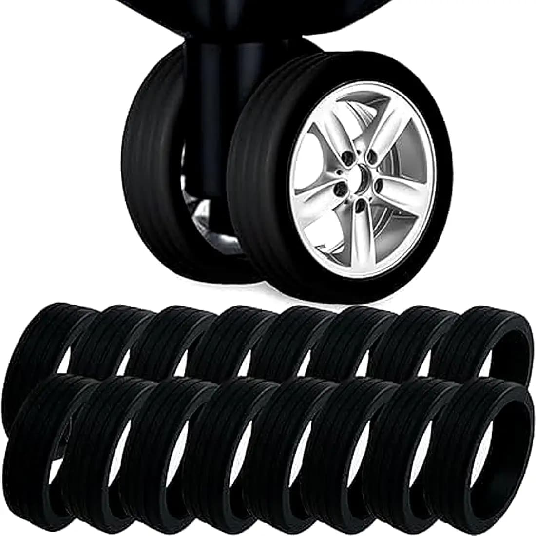 TRUSTEN 16PCS Silicone Luggage Wheel Protector Cover – Shock Absorption, Anti-Slip & Noise Reducing Suitcase Wheel Protectors for Dual Wheels (2-3 Inch) – Fits Trolley, Suitcase & Office Chair – Black