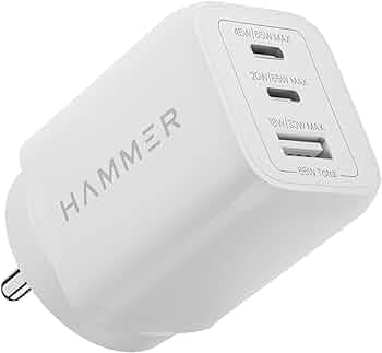 Hammer 65W GaN Fast Charger | Dual USB-C PD & PPS + USB-A | Fast Charge iPhone 17–12, Samsung S25-S23, MacBook, iPad | Compact Wall Adapter | 2-Yr Warranty | Made in Vietnam (with Fast Type C- Cable)