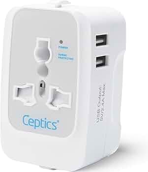 Ceptics Universal Charger Adapter, 3 in 1 Universal Travel Adapter All in One, Universal Travel Accessories 2 USB 2.4A, 100-250 Voltage Travel Charger, International Travel Adapter, White