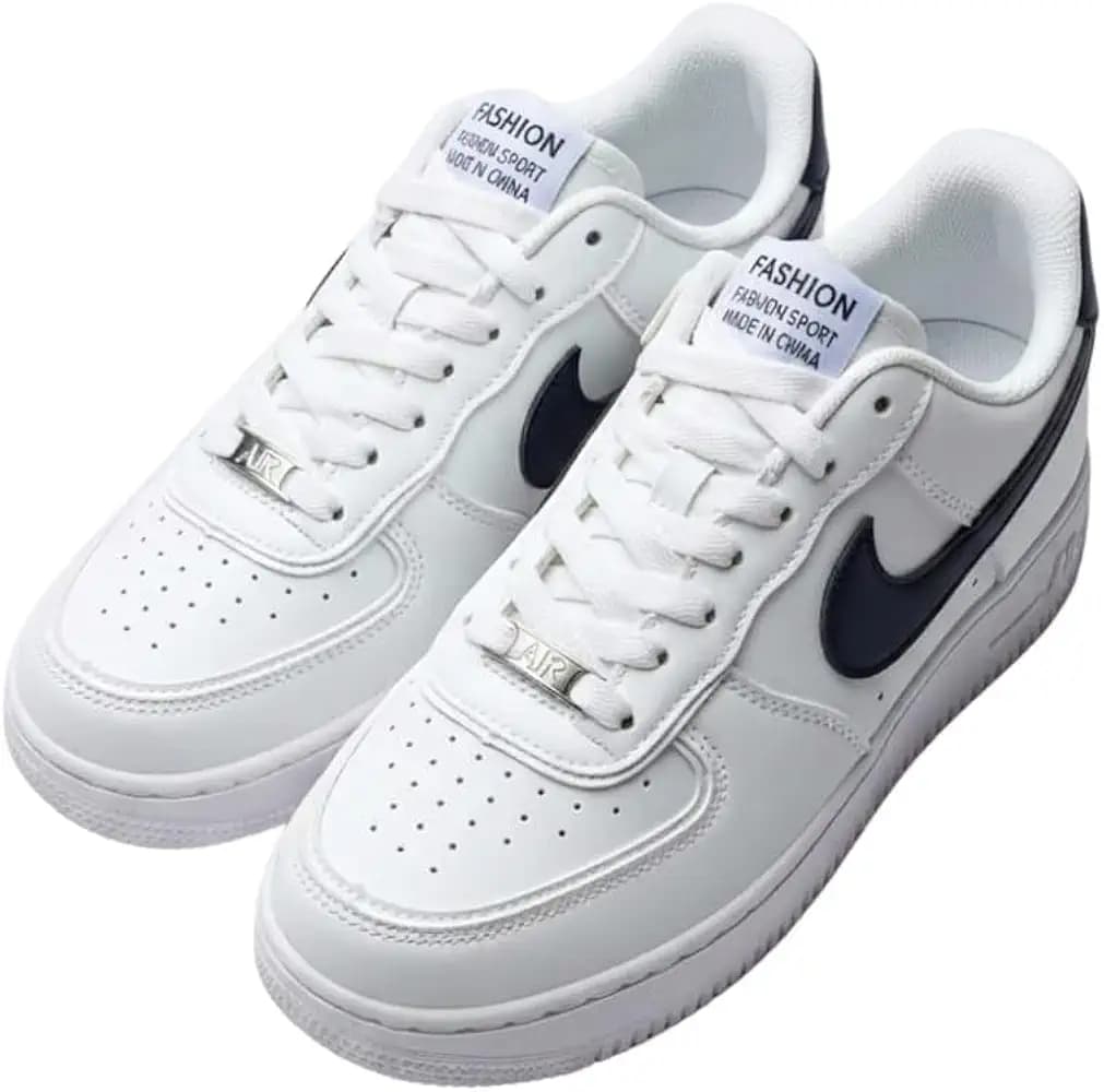 Fashion Sport Low-Top Sneakers, White and Navy Blue, Lace-Up Casual Shoes