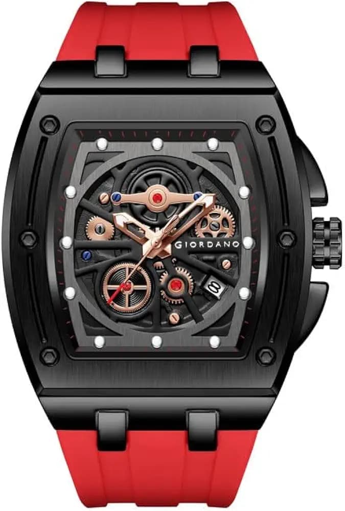 Giordano Sqaure Analog Casual Sporty Watch for Men – Mechanical-Inspired Dial, Date Display, Quartz Movement and Comfortable Silicone Strap