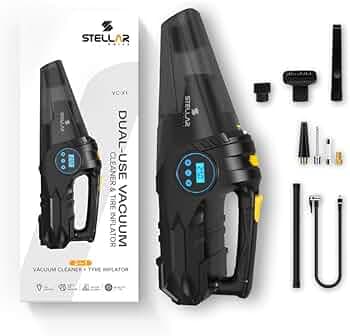 STELLAR DRIVE Portable Car Vacuum Cleaner & Tire Inflator, 2-in-1 6000Pa High Suction, 150 PSI Air Compressor, 12V DC, Digital Display, LED Light, Washable HEPA Filter, Car Cleaning & Emergency Tool
