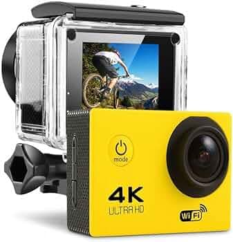 Drumstone【𝟏𝟓 𝐘𝐞𝐚𝐫𝐬 𝐖𝐚𝐫𝐫𝐚𝐧𝐭𝐲 Yellow 4K Ultra HD Action Camera with 20MP Photo Capture,170° Wide Lens, WiFi, Remote Control and Waterproof, Travel and Adventure Recording