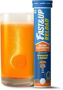 Fast&Up Reload (5 Litres) Low Sugar energy drink for Instant Hydration - 20 Effervescent Tablets with all 5 Essential Electrolytes + Added Vitamins - Certified Electrolytes Drink - Orange flavour