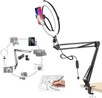 BROLAVIYA Overhead Video Mobile Stand with 10inch Ring Light, Metal Arm,1/4" Male Adaptor for Camera,Gopro,Mobile Bracket for Video,Desktop,Bedroom, Office