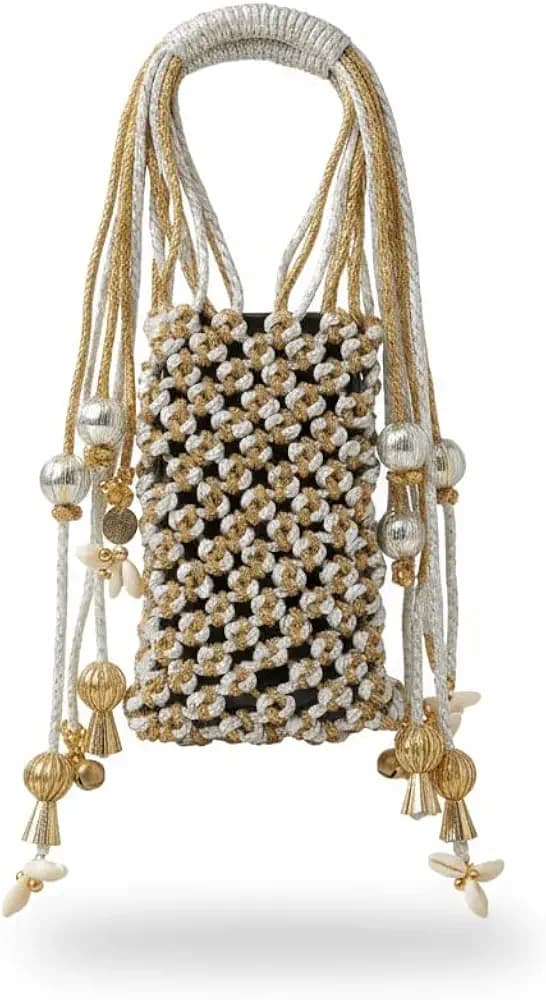 Handmade Beaded Mobile Purse for Women with Ring Handle, Boho Phone Pouch Clutch for Party & Wedding, White & Gold Mini Handbag