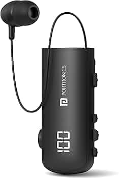 Portronics Harmonics Klip 7 Retractable Bluetooth Calling Earphone, In Built ENC,Upto 30 Hour Playback,Vibration Prompt,Strong Clip,HD Clarity Mic, LED Battery Display, BT V5.4, Type C Charging(Black)