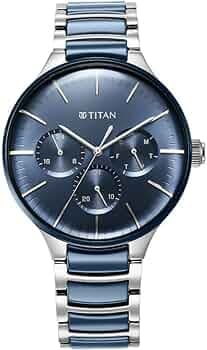 Titan Ceramic Fusion Quartz Multifunction Midnight Blue Dial Two Toned Silver and Metallic Blue Stainless Steel Bracelet Watch for Men - NT90148KD02