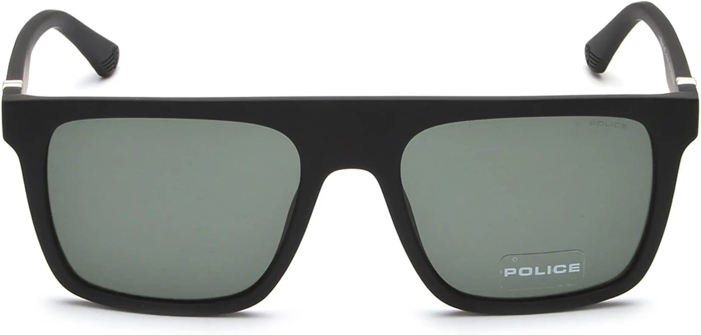 Police Eyewear | Solid Green Lens Square Sunglass | Full Rim | Matt Black Frame With 100% U.V. Protection | Men Sunglasses | Small Size | Splf61K55U28Sg