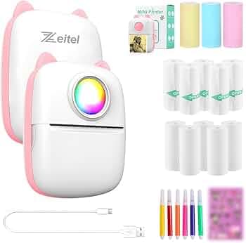ZEITEL® Mini Bluetooth Thermal Printer with LED Lighting, Portable Inkfree Label Printer for Android and iOS Devices,Includes 13 Paper Rolls, 5 Colored Pens, 1Sticker, USB Cable, Pink Design