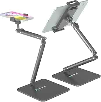 Phone iPad Stand for Desk with Ultra Sturdy Base, Adjustable & Foldable Mobile Holder Compatible with iPhone, iPad, and Work from Home Essentials，Equipped with Two Extendable Clamps（1 Pack）