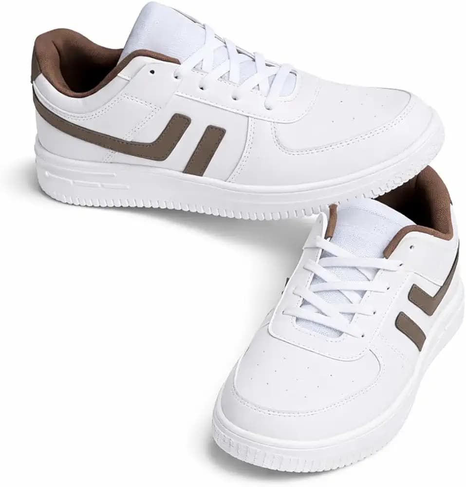 Men's Athletic Sneakers, White and Brown, Lace-Up, Low-Top, Casual Sports Shoes