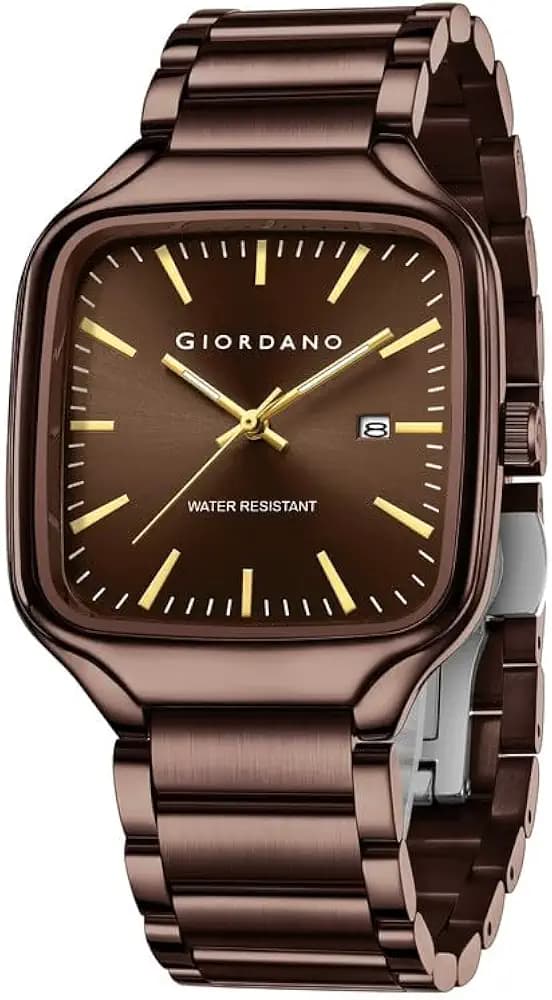 Giordano Analog Watch for Men – Square Dial, Stainless Steel Strap, Date Display, Water Resistant Classic Dress Watch