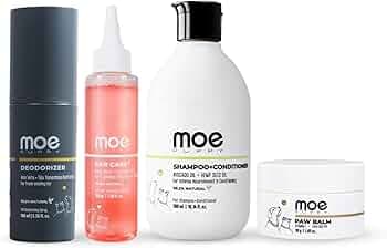 Moe Fur Essential Kit | Paw Cream for Dogs 30gm, Deoderizer Spray 100ml, Shampoo+Conditioner 300ml, Dog Ear Cleaner Solution 100ml | 4 in 1 Grooming Kit Combo for Dogs and Cat
