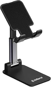 AirBorne Foldable and Portable Tabletop Mobile Stand with Stable Base,Height and View Angle Adjustable Phone Stand,Ideal Mobile Holder for Smartphones,Tablets, Kindles (Black)
