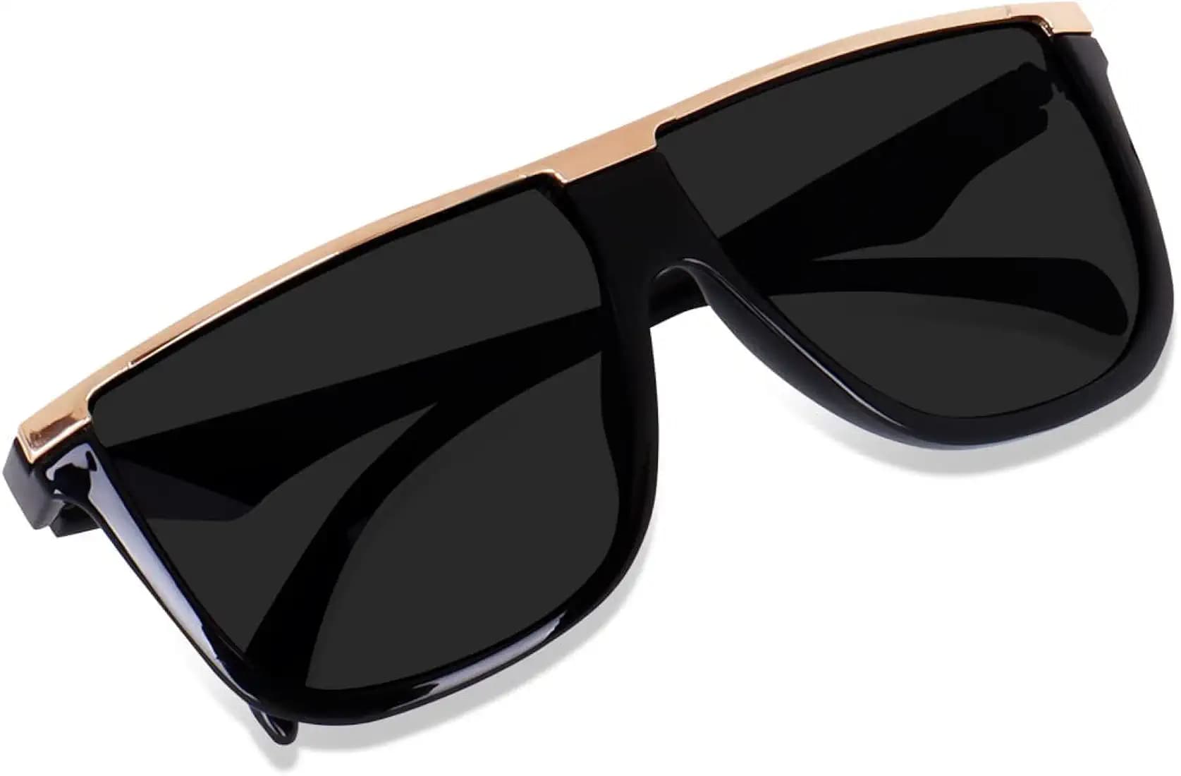 Men's Sunglasses Flat Top Square Frame Black Dark Lens Mirror Glasses Women Men UV 400 Protection Glass For Men And Women | Black Gold