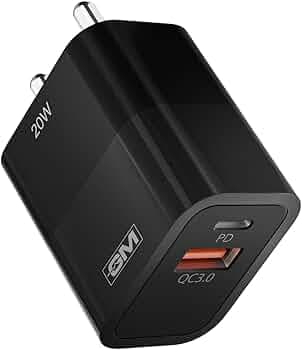 GM G+ 20W Dual Port Type C & A Mobile PD Charger | Fast Charging for Android, iPhone 16/15/14/13/12/11 Pro,Max, Samsung, One Plus (Black)