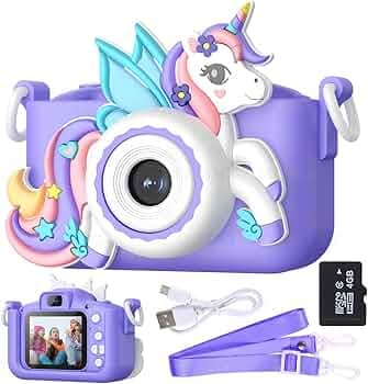 Wembley Kids Digital Camera Compact Unicorn Design Selfie Camera Video Recorder Photo Capture Games 4GB SD Card 2.0 Inch Screen for Girls Boys 4+ 5 6 7 8 - Purple