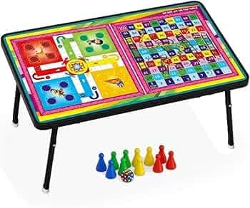 Foldable Kids Study Table with Ludo Game | 2-in-1 Learning Desk | Portable Wooden Laptop Table for Bed | Writing, Drawing & Playing Desk | Age 3+ | Multicolour