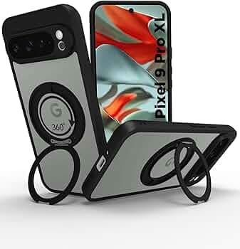 RIGGEAR Shockproof Sleek Hybrid Armor 360° Rotating Magnetic Ring Stand Back Cover Case Compatible with MagSafe Accessories for Google Pixel 9 Pro XL (Clear PC + Black TPU Bumper)