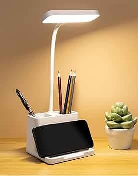 FLYNGO Plastic 3 Color Mode Led Study Table Desk Lamp For Students With Pen & Phone Holder, Rechargeable Touch On/Off Studying (204White)