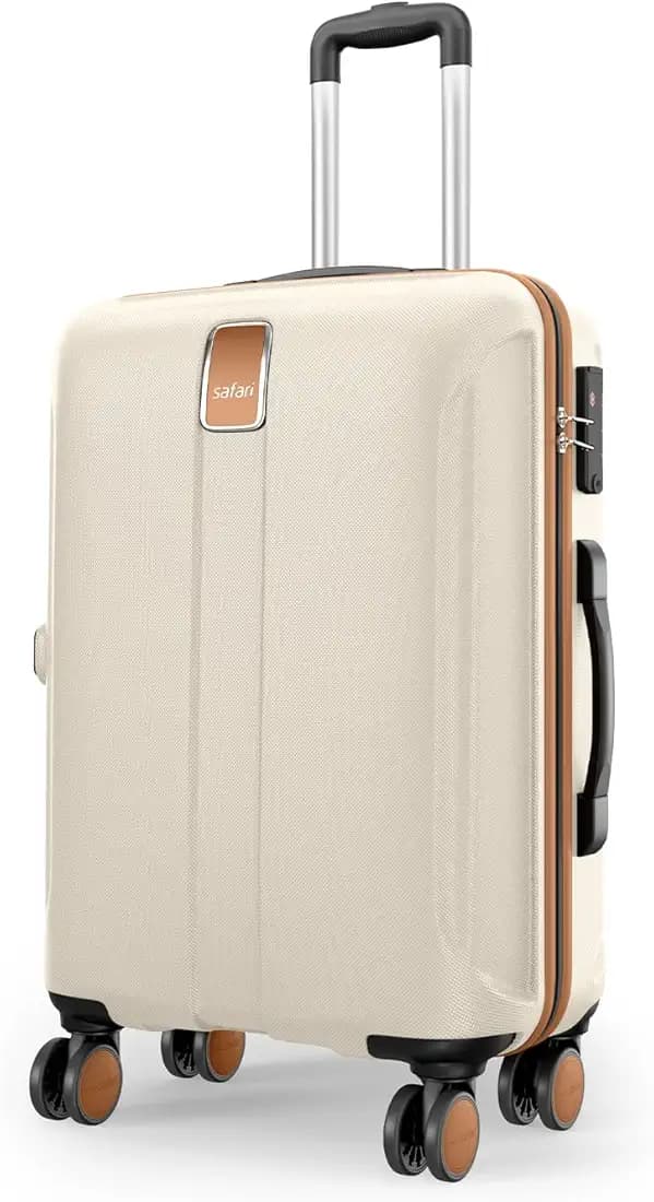 Safari Thorium Royale 8 Wheels 66cm Medium Size Trolley Bag Hard Case Checkin Polycarbonate Luggage, TSA Lock, Wet Pouch Organized Interior, Suitcase for Travel, Trolley Bags for Travel, Vanilla Tan