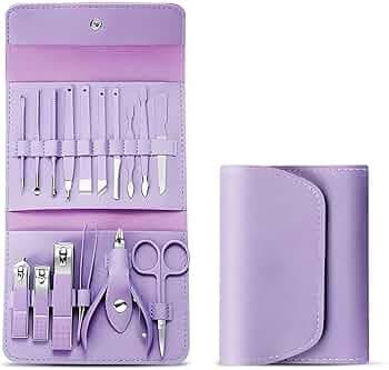 KBS Manicure Pedicure Set Nail Clippers 16 In 1 Multi Tools Grooming Kit Stainless Steel Toenail Scissors with Luxurious Leather Travel Case for Men Women Professional Upgraded Version (Purple)