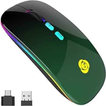 LED Wireless Mouse, Bluetooth Mouse &2.4GHz Instant Connection,Rechargeable Ultra Silent Slim,3 DPI 2 Connection Modes with USB-C to USB Adapter for Laptop/MacBook/PC/Tablet/iPad (Black-green)