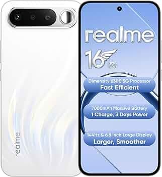 realme 16 5G Smartphone 8+256GB Air White, 7000mAh Massive Battery + 60W Fast Charging, 120Hz Refresh Rate + AMOLED Smooth Display, 50MP AI Camera System, Dimensity 6400 Turbo Processor, IP69.