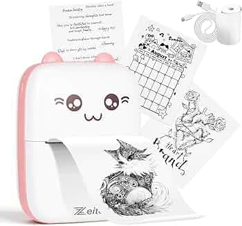 Zeitel® Mini Thermal Printer for Mobile Portable Bluetooth Small Printer for Kids and Adults, Black and White, Compatible with Android & iOS System, with 1 Roll 57 * 25 MM Print Paper, Pink