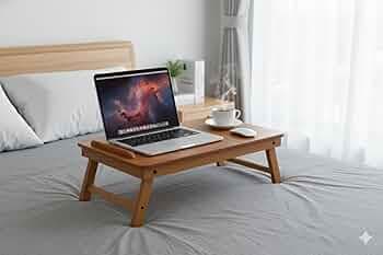 Foldable Wooden Laptop Table for Bed & Sofa | Adjustable Laptop Desk with Tilt Top Cup Slot Drawer | Ergonomic Study Work Table for Home Office Reading Writing Use