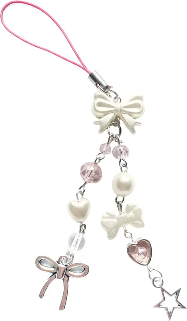 SNOWY SHOP Aesthetic Pink Silver Bow Phone Charm – Handcrafted Pale Pink Pendant for Mobile Smartphone & Accessories | Cute & Stylish Phone Jewelry for Girls & Women